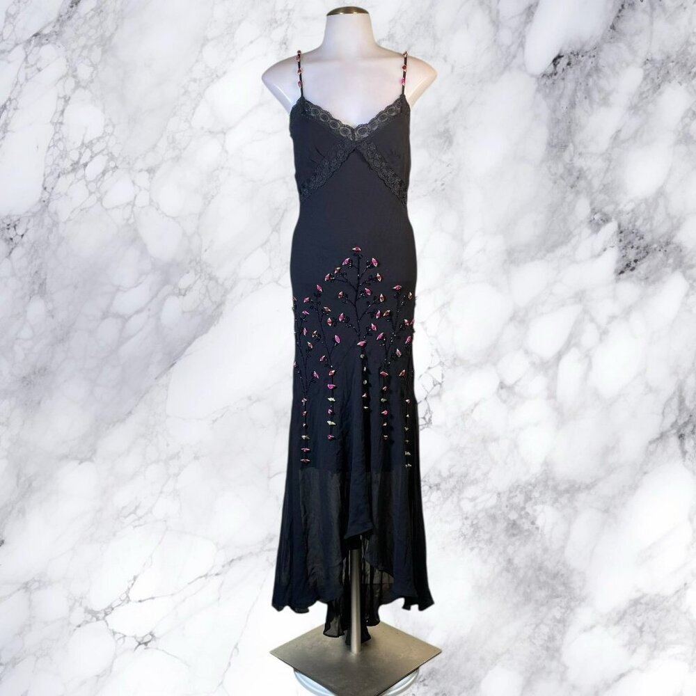 VTG Sue Wong Silk Fit and Flare Midi Rosette Dress in Black - Picture 2 of 13